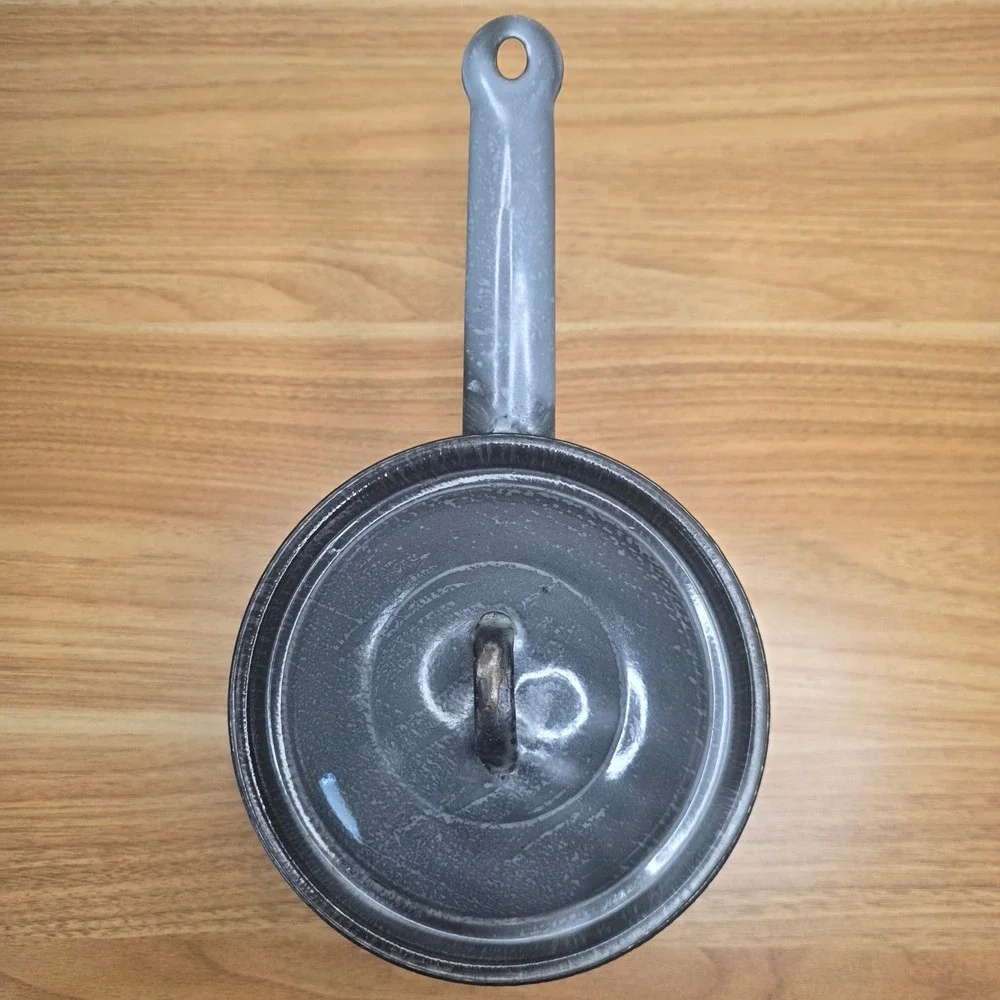 Antique Small Gray Graniteware Enamelware 6 in Saucepan Handled Pot With Lid EUC